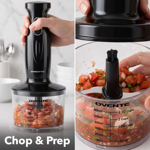 Badass Electric Hand Blender Set With Dual Speed Settings And 300 Watt Motor Includes Whisk Tool And BPA Free Chopper Cup For Knockout Smoothies Purees And Protein Shakes In Matte Black displaying blending salsa in chopper.