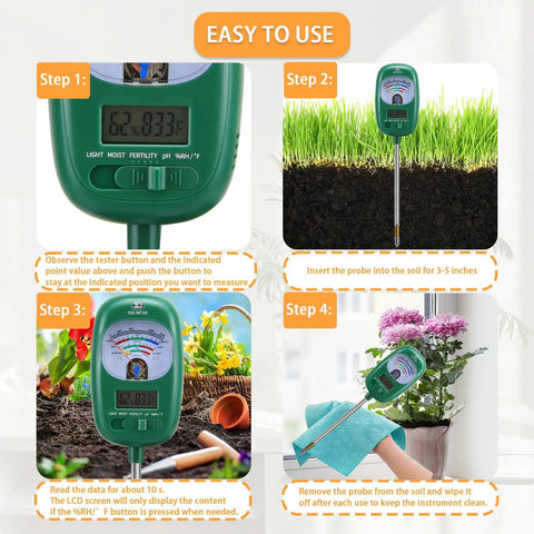 Super Handy Go To All In One Soil Test Kit With Moisture Meter PH Meter Sunlight Intensity Fertility Tester LCD Display Air And Soil Hygrometer And Temperature For Houseplants Gardens Farms And Lawn Care in use