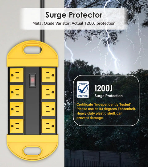 Weatherproof Outdoor Power Strip With Eight Outlets, Waterproof Extension Cord For Wet Areas, IPX6 Rated, Heavy Duty