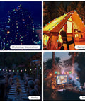 Outdoor Smart String Lights With App Control illuminating Christmas tree, camping tent, backyard party, and patio setup.