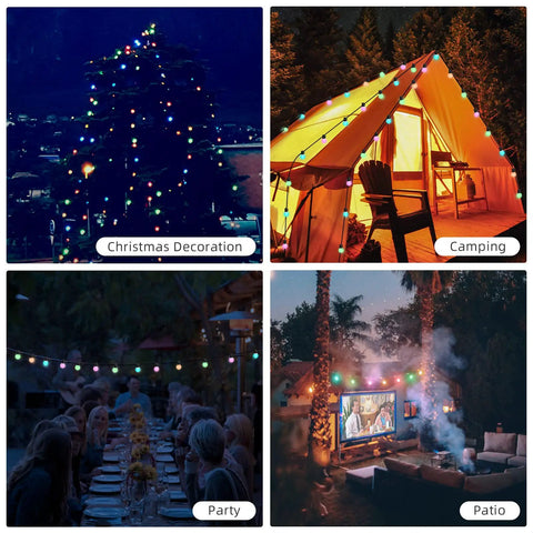 Outdoor Smart String Lights With App Control illuminating Christmas tree, camping tent, backyard party, and patio setup.