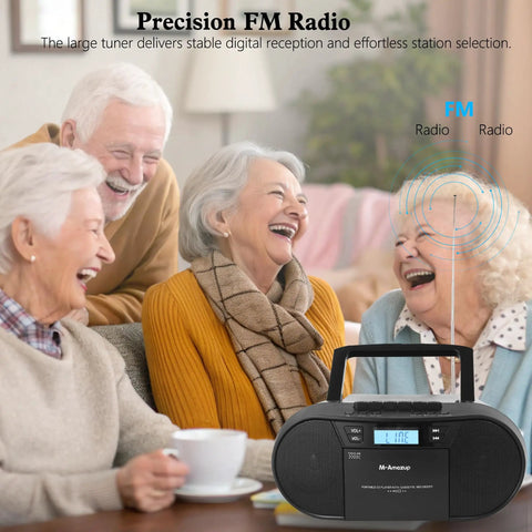 Retro Boombox CD Player And Cassette Player Combo With Bluetooth USB TF Card FM Radio AUX shown in living room setting.