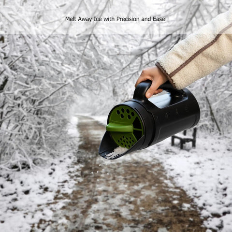 Handheld Seed Spreader For Lawn And Garden shown spreading ice melt on snowy path, 2.5L capacity, ideal for walkways.