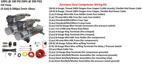 Straight Bolt On Air Ride Suspension Kit For 1965-70 Chevy Impala Featuring Fast Fill Dual Chrome 480 Compressors And 3/8 Inch Manifold Valve Setup with chrome dual compressors and wiring kit.
