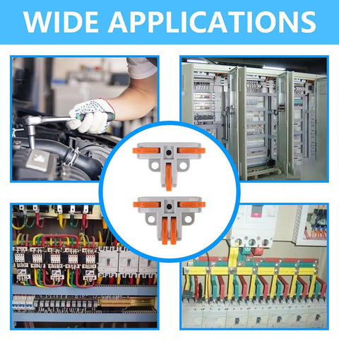 30 Pack T Tap Wire Connectors Kit With 3 And 4 Port Quick Push In Splitters For 24 12 AWG Wire shown in various applications