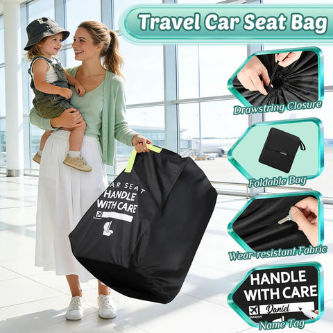 Flight Ready Car Seat Travel Bag Fits All Car Seats Infant Carriers And Booster Seats Durable Car Seat Cover For Doona Graco Evenflo And More Must Have Travel Essential For Flying With Kids shown with woman carrying child in airport.