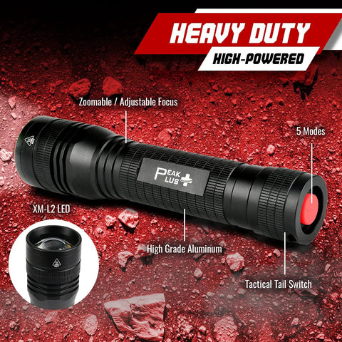 Ultra Bright 1200 Lumen LED Flashlight LFX2000 with five modes, zoomable beam shown on rugged background, tactical tail switch visible.