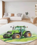 7Ft Round Area Rug For Living Room And Dining Table, Green Farm Tractor Grassland Circle Rug in modern living room