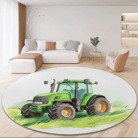 7Ft Round Area Rug For Living Room And Dining Table, Green Farm Tractor Grassland Circle Rug in modern living room