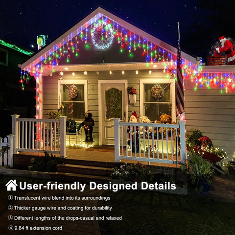 House decorated with Green Outdoor Icicle Christmas Lights 33ft 400 LED With Connectable Clear Wire 8 Modes Timer