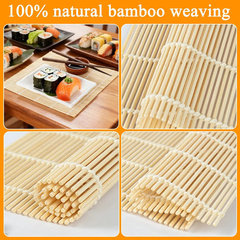 Bamboo Sushi Rolling Mat Set Of 4 Pcs For Homemade Maki Kimbap And Rolls Natural Wood Mats No Fuss Roll Maker displayed on table