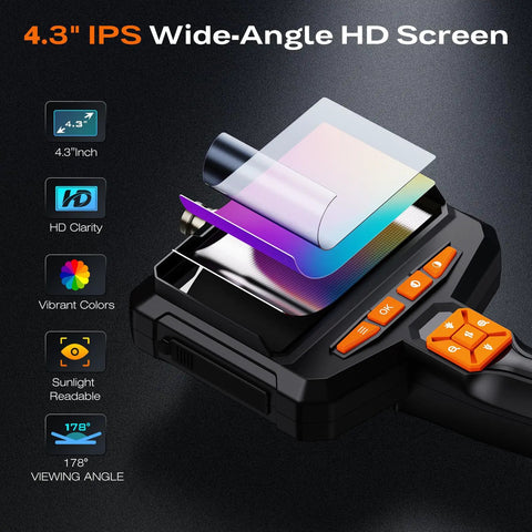 Endoscope Camera With Light Handheld Borescope 4.3 Inch IPS Color Screen Real Time HD Inspection, 178° view