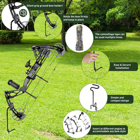 2 Pack Ground Bow Holder Set For Hunting Practice Ready To Go Ground Stake Bow Stand With Rubber Coated Build in use outdoors