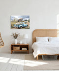 Blue Pickup Truck Wall Art For Farmhouse Decor 16x24 Rustic Canvas Print With White Daisies Barn Scene in cozy bedroom