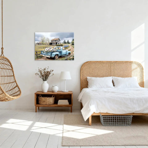 Blue Pickup Truck Wall Art For Farmhouse Decor 16x24 Rustic Canvas Print With White Daisies Barn Scene in cozy bedroom