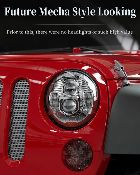 Close-up of 7 Inch Round LED Headlights Upgrade With Anti Glare Tech Ultra Bright on red Jeep vehicle