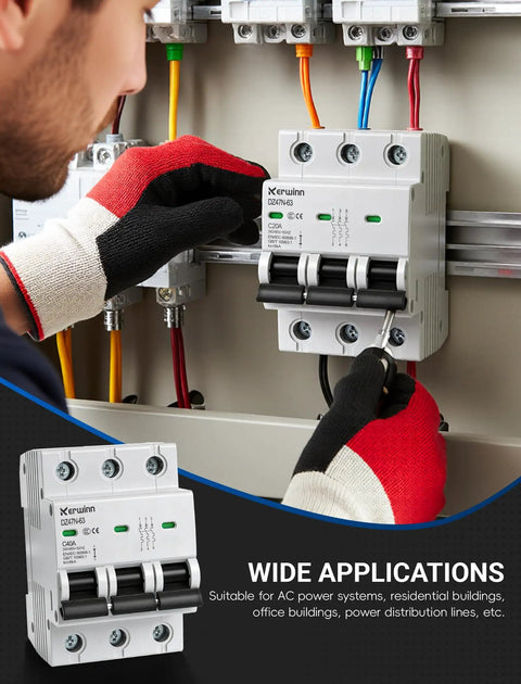 Three Pole Miniature Circuit Breaker 240V 480V AC 50A Thermal Magnetic Trip Smart Circuit Breaker AC Disconnect Switch DIN Rail Mount with Visualization Window