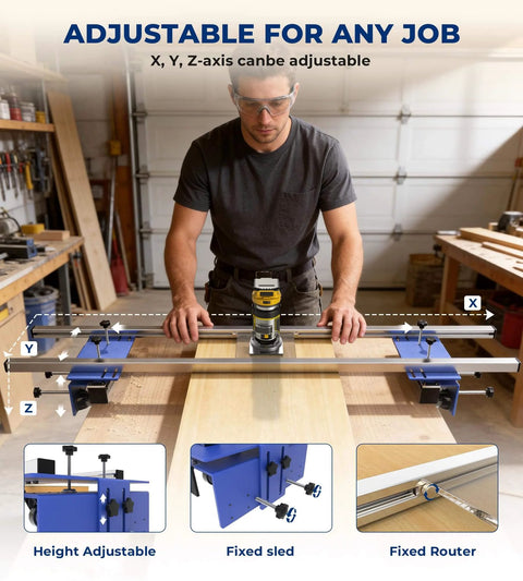 Person using 58 Inch Router Flattening Sled For Woodworking 5.5 Inch Height Adjustable Slab Flattening Jig in workshop.