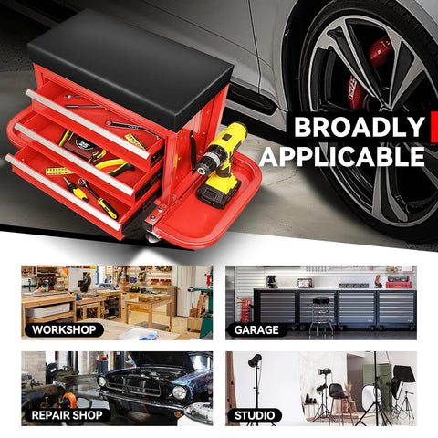 3-Drawer Rolling Mechanic Seat With Tool Tray And Storage, Heavy Duty Metal Frame, 350 Lb Capacity, Cushy Seat, Swivel Casters, Shop Ready For Garage, Workshop, Repair Shop Or Warehouse, Red displayed next to a car wheel.