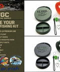 Grab-and-Go Pocket Size Handline Fishing Kit With 60 Ft Braided 15 Lb Line Ultra Portable Rodless Reel Complete Outdoor Fishing Set For Hiking Camping And Adventure With Carry Case, showing components laid out including reel, hooks, and line.