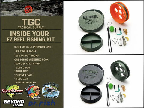 Grab-and-Go Pocket Size Handline Fishing Kit With 60 Ft Braided 15 Lb Line Ultra Portable Rodless Reel Complete Outdoor Fishing Set For Hiking Camping And Adventure With Carry Case, showing components laid out including reel, hooks, and line.