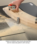 Badass Four Piece Router Bit Set With Alternating Shear Geometry For No Sweat Pattern And Flush Trim Cutting Heavy Duty carbide bodies used for routing patterns on wood.