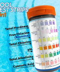 Premium 7 In 1 Pool And Hot Tub Test Strips For Crystal Clear Water Chlorine Bromine PH Alkalinity Fast Results Spa Kit No Guesswork Testing System in container with testing parameters.