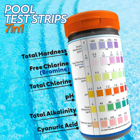 Premium 7 In 1 Pool And Hot Tub Test Strips For Crystal Clear Water Chlorine Bromine PH Alkalinity Fast Results Spa Kit No Guesswork Testing System in container with testing parameters.