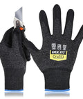 Level 5 Cut Resistant Gloves Cru553 displayed with utility knife, showcasing black and gray durable material in large size, 3 pair pack