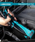 Using Heavy Duty Pop Rivet Gun Kit For Pros And DIYers, Manual Riveter Set with turquoise handle working on surface