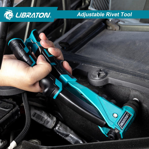Using Heavy Duty Pop Rivet Gun Kit For Pros And DIYers, Manual Riveter Set with turquoise handle working on surface