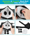 M Pro Dust Mask For All-Day Comfort showing reusable design and components, including replaceable filter and valve details.