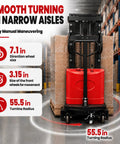 Rock Solid 3306 Lbs Semi Electric Pallet Stacker with detailed manual operation and dimensions in a warehouse setting.