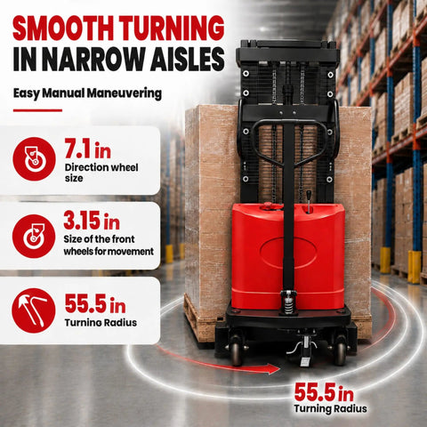 Rock Solid 3306 Lbs Semi Electric Pallet Stacker with detailed manual operation and dimensions in a warehouse setting.