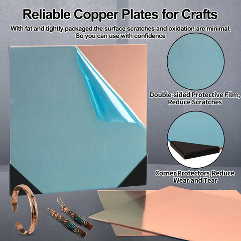 Four Pack Copper Sheets 8 By 8 Inches 24 Gauge 0.5mm With Double Sided Protective Film for Crafts and Jewelry Making