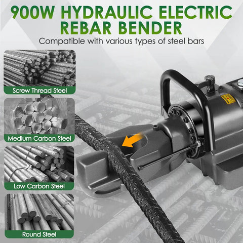 Yixbizhu 900W Electric Hydraulic Rebar Bender for #3 #4 #5 Bars Six To 16mm Steel shows compatibility with various steel types.