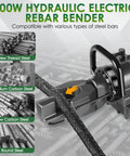 Top Rated Yixbizhu 900W Electric Rebar Bender For Steel Rods 6 To 16mm showing various compatible steel types.