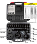 Front Wheel Drive Bearing Removal And Installation Tool Set For Domestic And Import Cars 23 Piece Kit With Adapters Durable Case Pro Grade ANSI Precision Quality Heavy Duty Auto Repair Gear For Replacing Front Wheel Bearings displayed with open case showing components and labeling chart.