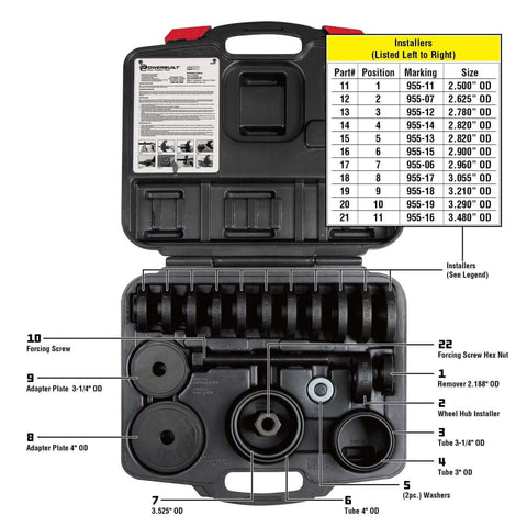 Front Wheel Drive Bearing Removal And Installation Tool Set For Domestic And Import Cars 23 Piece Kit With Adapters Durable Case Pro Grade ANSI Precision Quality Heavy Duty Auto Repair Gear For Replacing Front Wheel Bearings displayed with open case showing components and labeling chart.