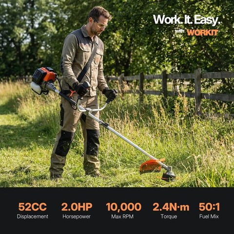 Person using Beast 52cc Gas Weed Eater 3 In 1 Trimmer Edger Brush Cutter With 18 Inch Cutting Path for heavy duty lawn care