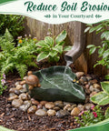 Totally Slick Leaf Shaped Splash Block With Turtle Sculpture, 12x11 inch green resin downspout diverter in a garden setting.