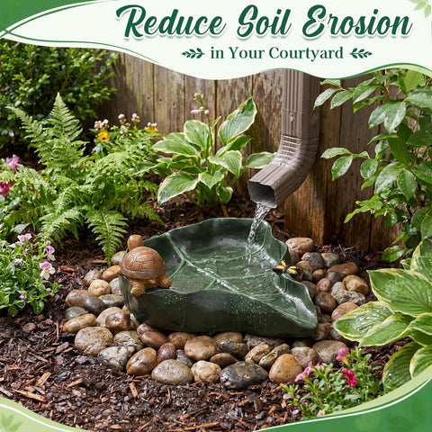 Totally Slick Leaf Shaped Splash Block With Turtle Sculpture, 12x11 inch green resin downspout diverter in a garden setting.