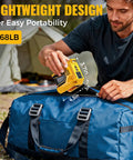 Man using DeWALT 20V Battery Compatible 200W Power Inverter for Camping and Outdoors on blue bag, camping tent visible
