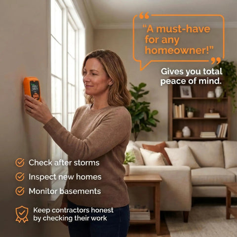 Pinless Moisture Meter For Drywall And Wood Two Inch Scan Detect Hidden Water Damage Behind Walls With Quick Readings Pro Grade Lumber Moisture Tester For DIYers And Pros, woman checking wall
