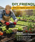 Gardener installing 100Ft Drip Irrigation System Kit With Quick Connect For Easy Install Garden Watering in a raised bed
