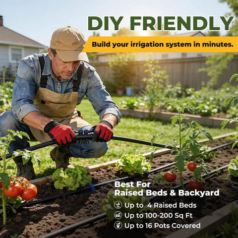 Gardener installing 100Ft Drip Irrigation System Kit With Quick Connect For Easy Install Garden Watering in a raised bed