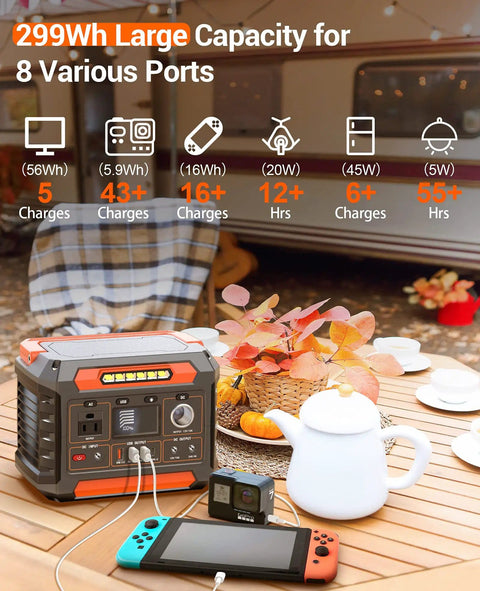 Portable Power Station 299Wh 7 Pound Lightweight Camping Solar Generator on table with teapot and electronics for charging