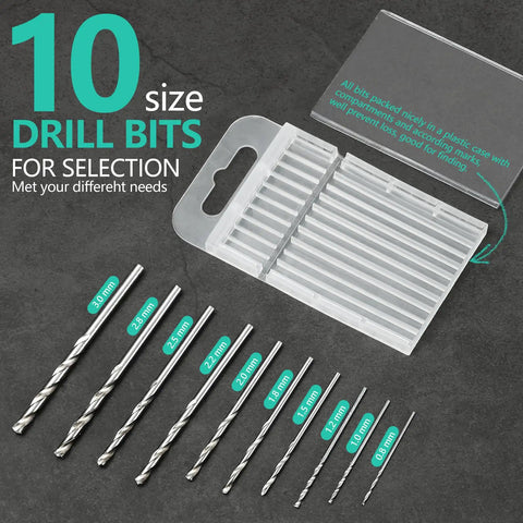 Top Shelf Hand Drill Set For Resin Crafts With 10 Precision Bits in a plastic case for easy organization and selection.