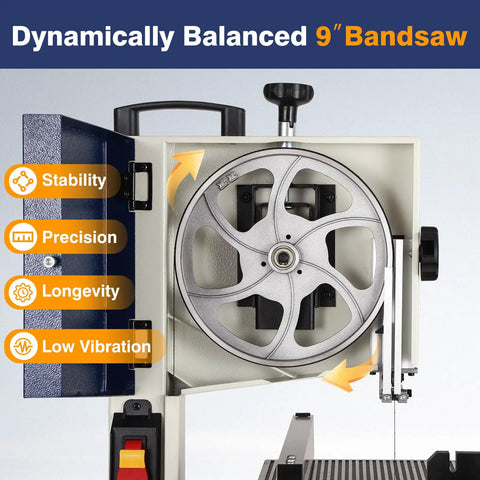 Beast Of A Portable Nine Inch Woodworking Bandsaw With Cast Aluminum Worktable And Scale, 2526 FPM Benchtop Saw shown with cover open