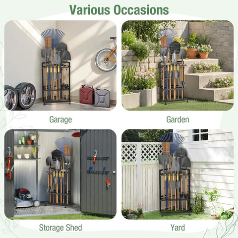Corner Triangular Garden Tool Organizer For Long Handled Tools And Rakes Brooms Heavy Duty Steel Yard Tool Storage Rack in use